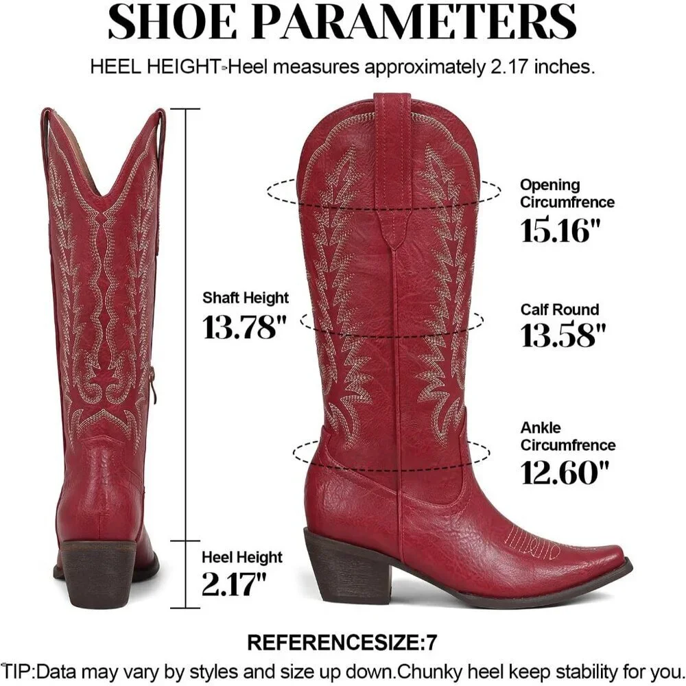 Women's Red Zipper Western Knee High Pointed Toe Chunky Heel Cowgirl Tall Boots